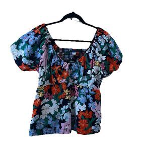 Old Navy Smocked Floral Short Puff Sleeve Crop Top Cottage Boho Womens Size L